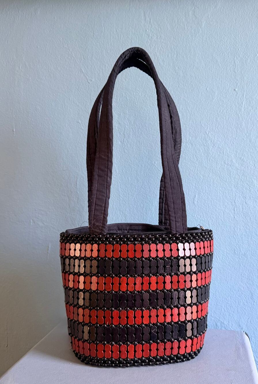Vintage 1970s African Wood Tile Handbag - Kenyan Artisan Beaded Mini Tote